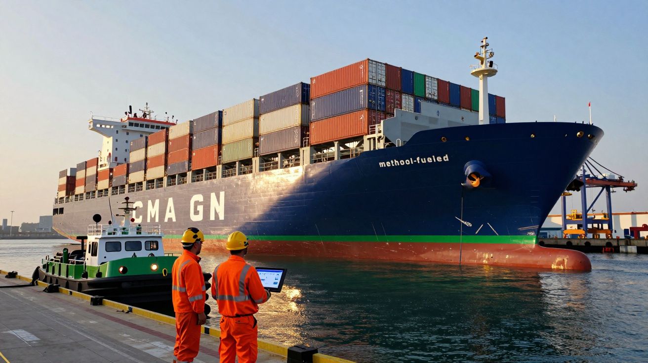 Navio porta-contentores atracado com dois trabalhadores de segurança laranja a observar equipamentos no cais durante o pôr do