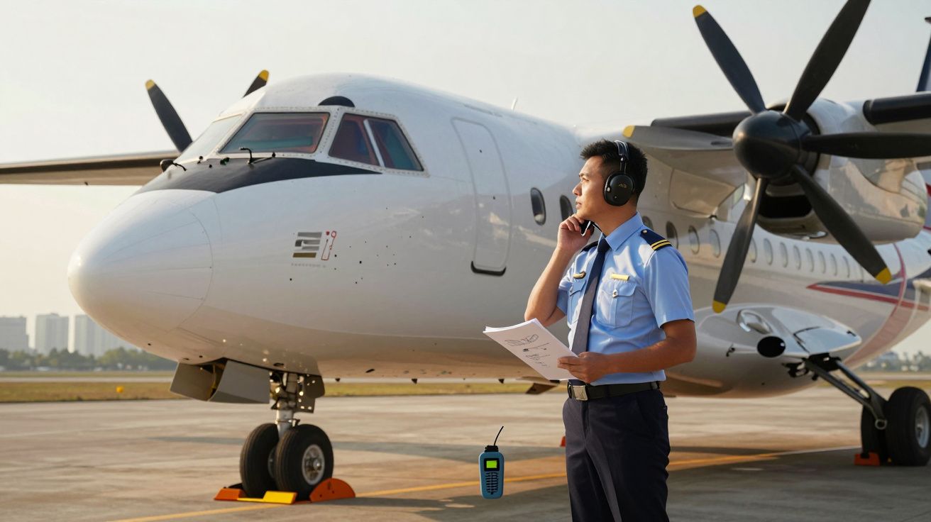 Piloto com fones e rádio na mão de frente para avião de hélice branco parado na pista ao amanhecer.