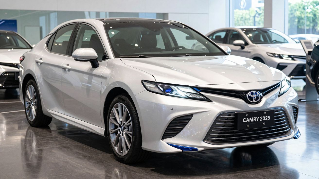 Carro Toyota Camry 2025 branco estacionado em showroom moderno com iluminação natural e reflexos no chão.