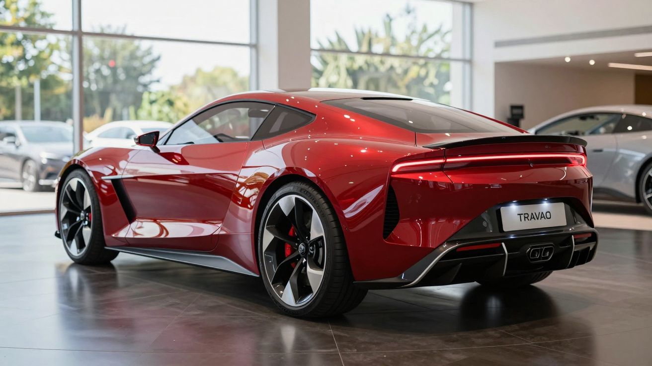 Carro desportivo vermelho em exposição numa sala moderna com piso de azulejo cinzento.