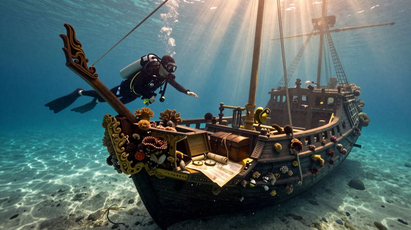 Mergulhador explora um navio naufragado coberto de corais no fundo do mar com raios de luz a atravessar a água.