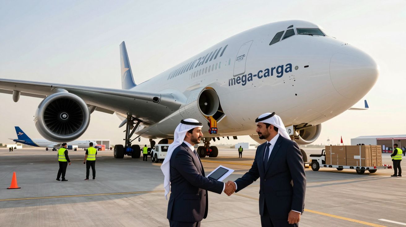 Dois homens de fato e traje tradicional árabe dão aperto de mão em frente a um avião de carga num aeroporto.