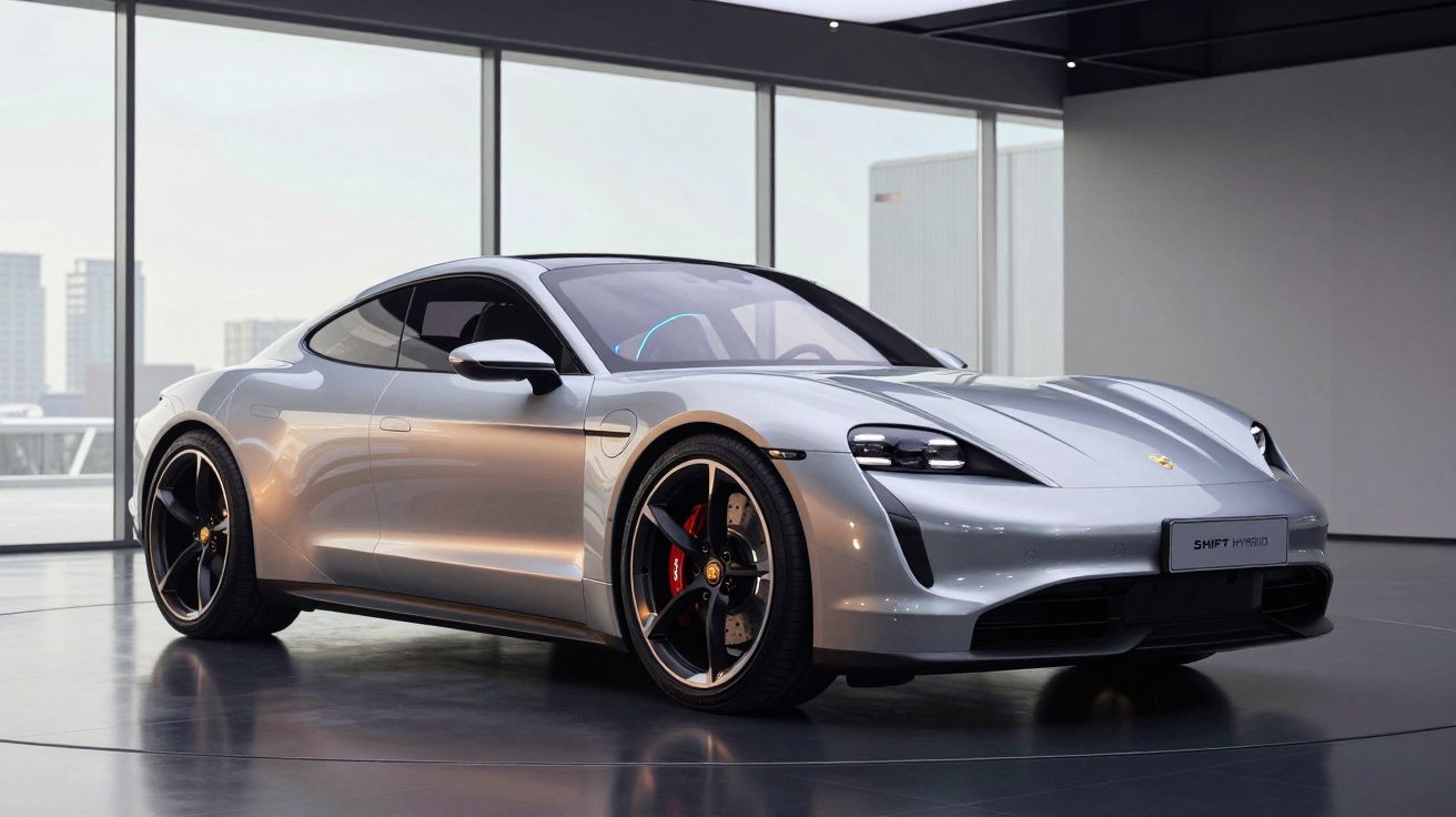 Carro desportivo elétrico prateado Porsche Taycan numa sala moderna com janelas panorâmicas grandes.