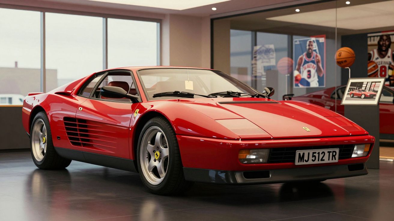 Carro desportivo Ferrari vermelho em exposição numa sala com chão cinzento e janelas amplas.