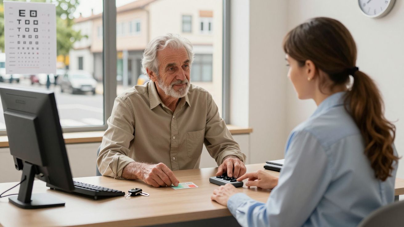 Idoso sentado à mesa com profissional de saúde, realizando exame visual num consultório claro.