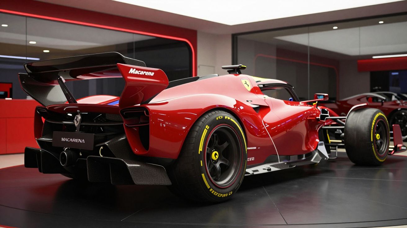 Carro de Fórmula 1 vermelho Ferrari Macarena com pneus Pirelli em exposição interior moderna.