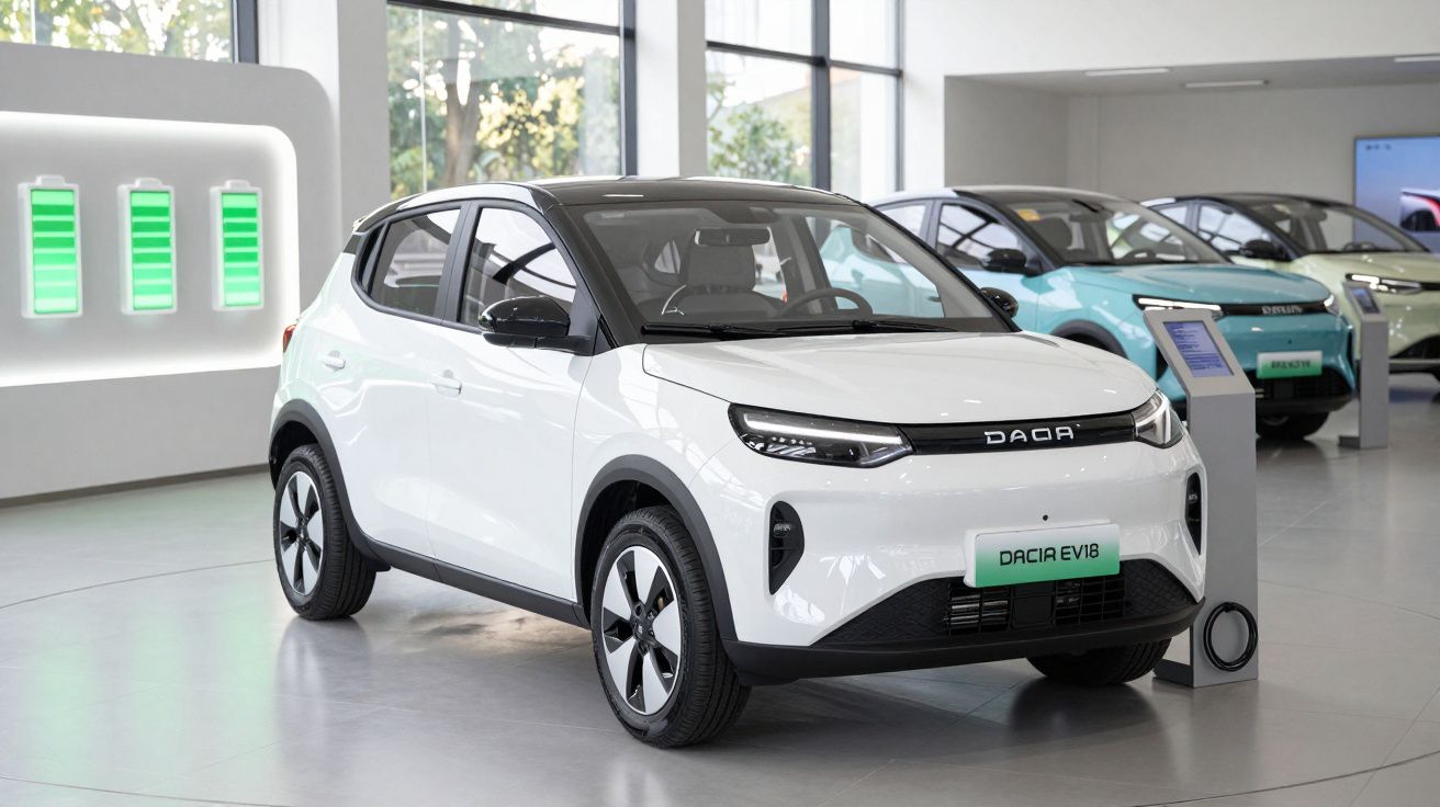 Carro elétrico branco Dacia EV1B exibido numa sala com painéis de bateria verdes iluminados ao fundo.