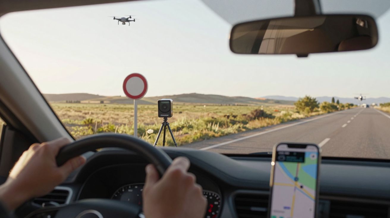 Vista interior de carro em estrada com drone, câmara em tripé e telemóvel com GPS no suporte.