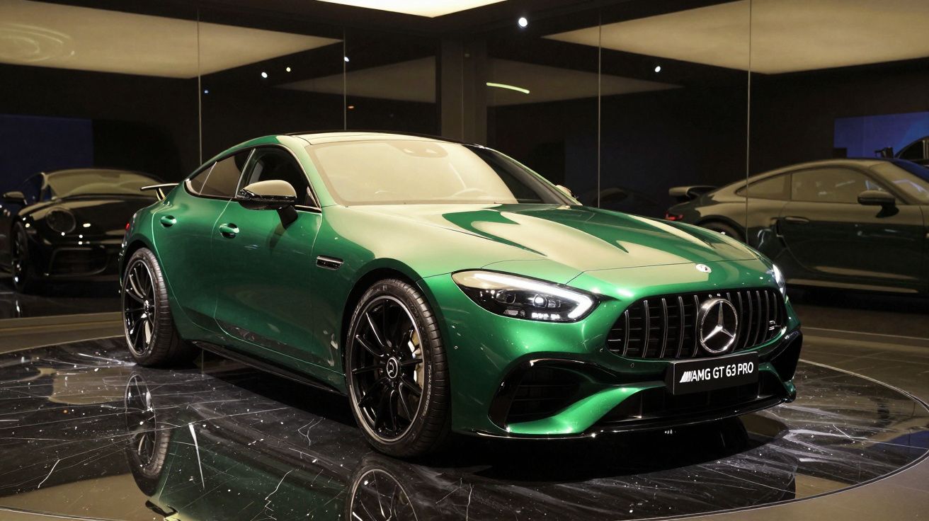 Mercedes-Benz AMG GT 63 Pro verde exposto numa plataforma rotativa com reflexos espelhados.
