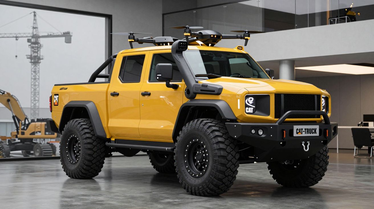 Camioneta amarela CAT robusta com pneus grandes num interior industrial moderno.