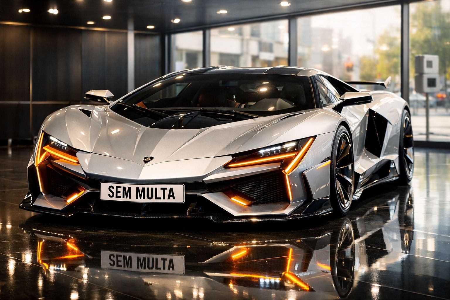 Carro desportivo cinza com luzes LED laranja, estacionado em chão brilhante, matrícula com texto "SEM MULTA".