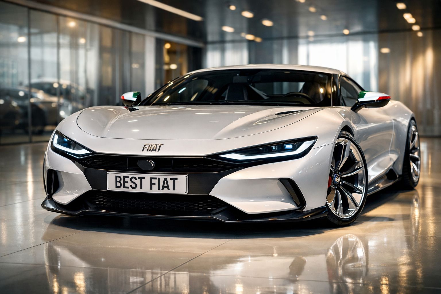 Carro desportivo branco Fiat com faróis LED e matrícula personalizada “BEST FIAT” numa garagem moderna.