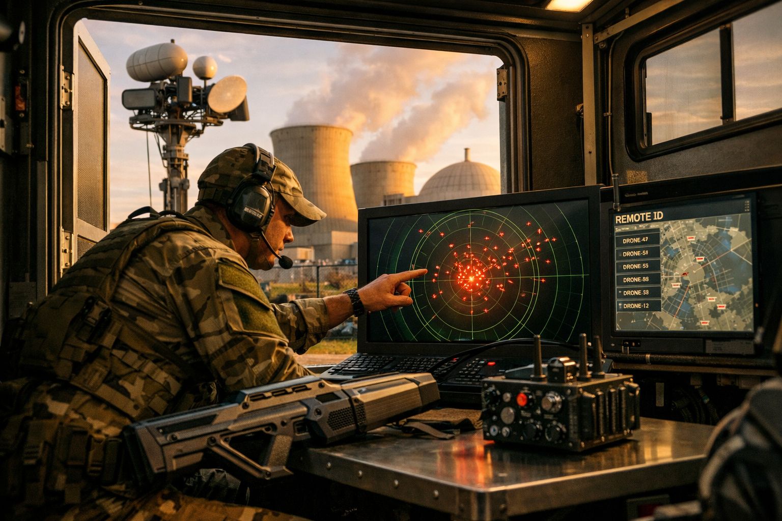 Soldado em uniforme militar controla radar e monitoriza drones com central industrial ao fundo ao pôr do sol.