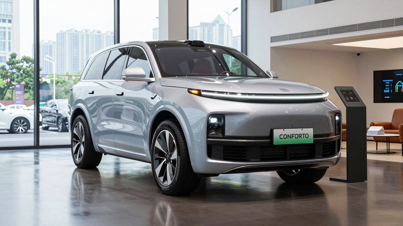 Carro elétrico cinza exposto em salão moderno com janelas grandes e placa verde com palavra "Conforto".