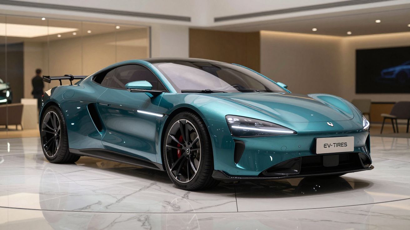 Carro desportivo eléctrico azul metálico estacionado em showroom moderno com piso em mármore.