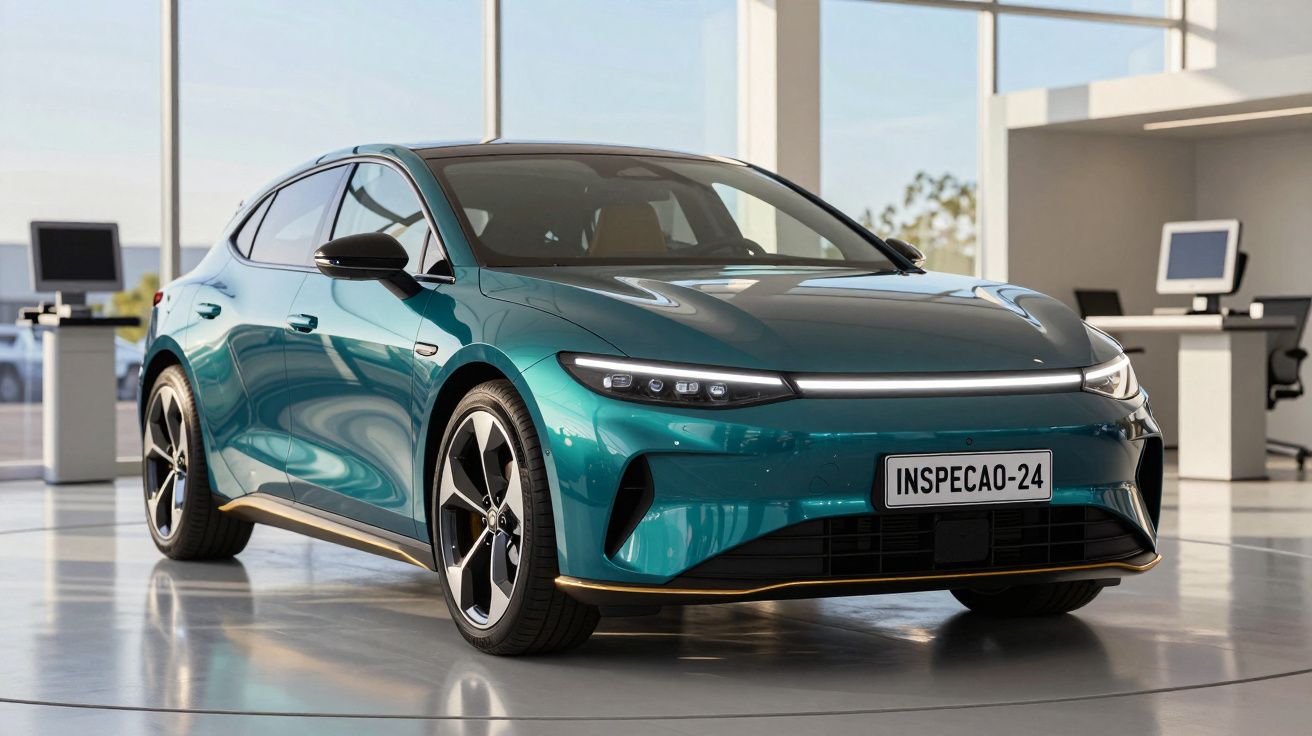 Carro elétrico verde metálico num showroom moderno com grandes janelas e piso brilhante.