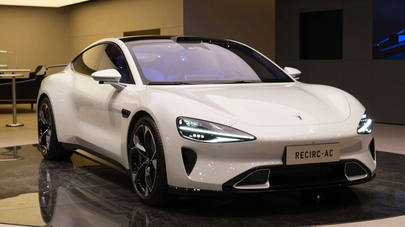 Carro elétrico branco moderno exposto em espaço interior com iluminação ambiente suave.