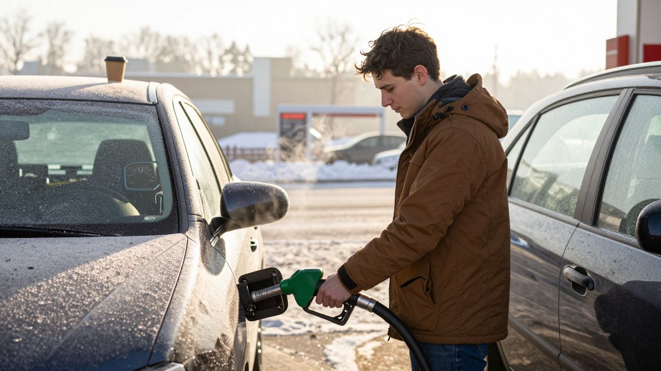 Homem a abastecer carro num posto de gasolina em dia frio com neve no chão.