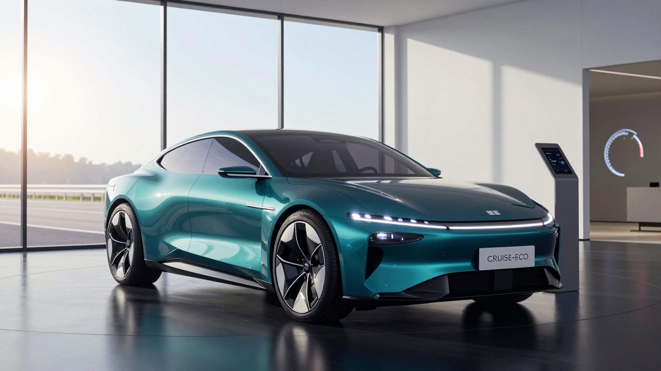 Carro elétrico desportivo verde metálico numa sala moderna com grandes janelas e carregador à direita.