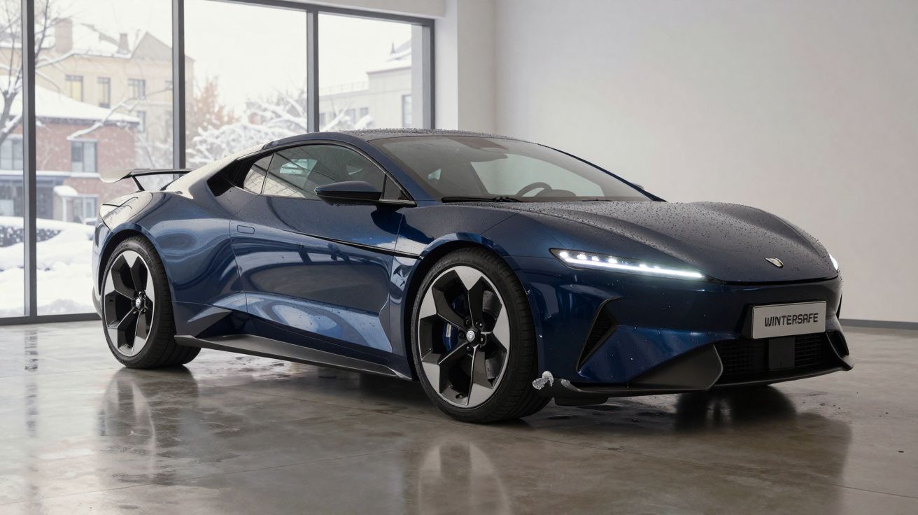 Carro desportivo azul escuro estacionado em piso de cimento num espaço interior com janelas grandes.