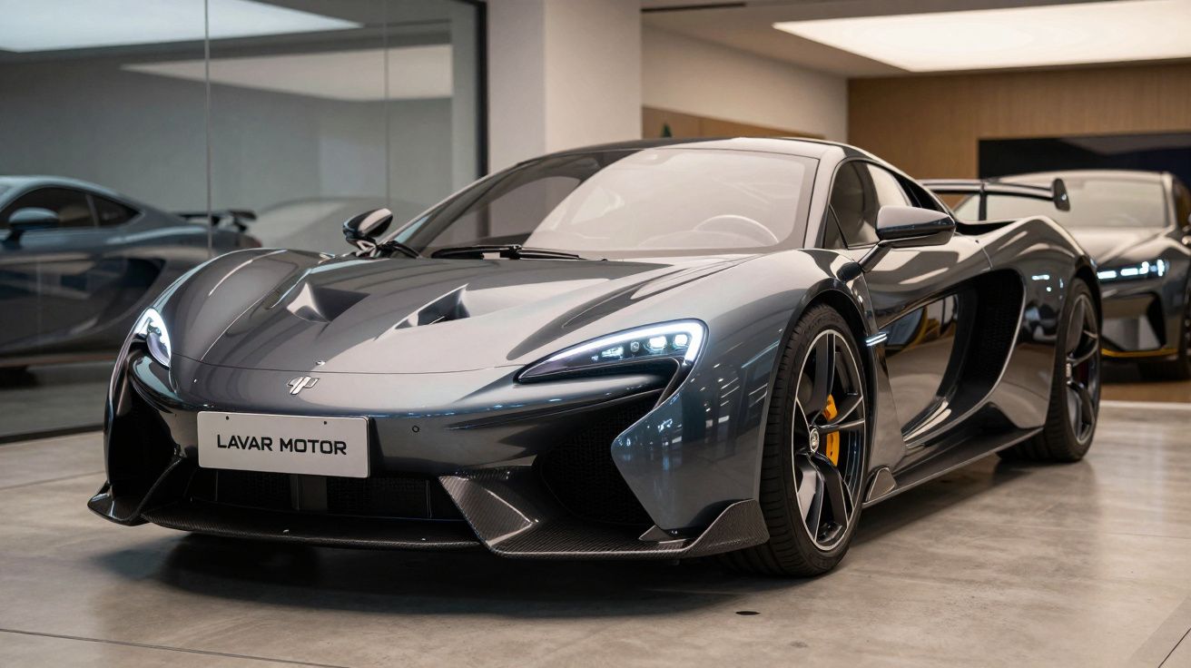 Carro desportivo cinza escuro com faróis LED num showroom moderno com outro carro ao fundo.