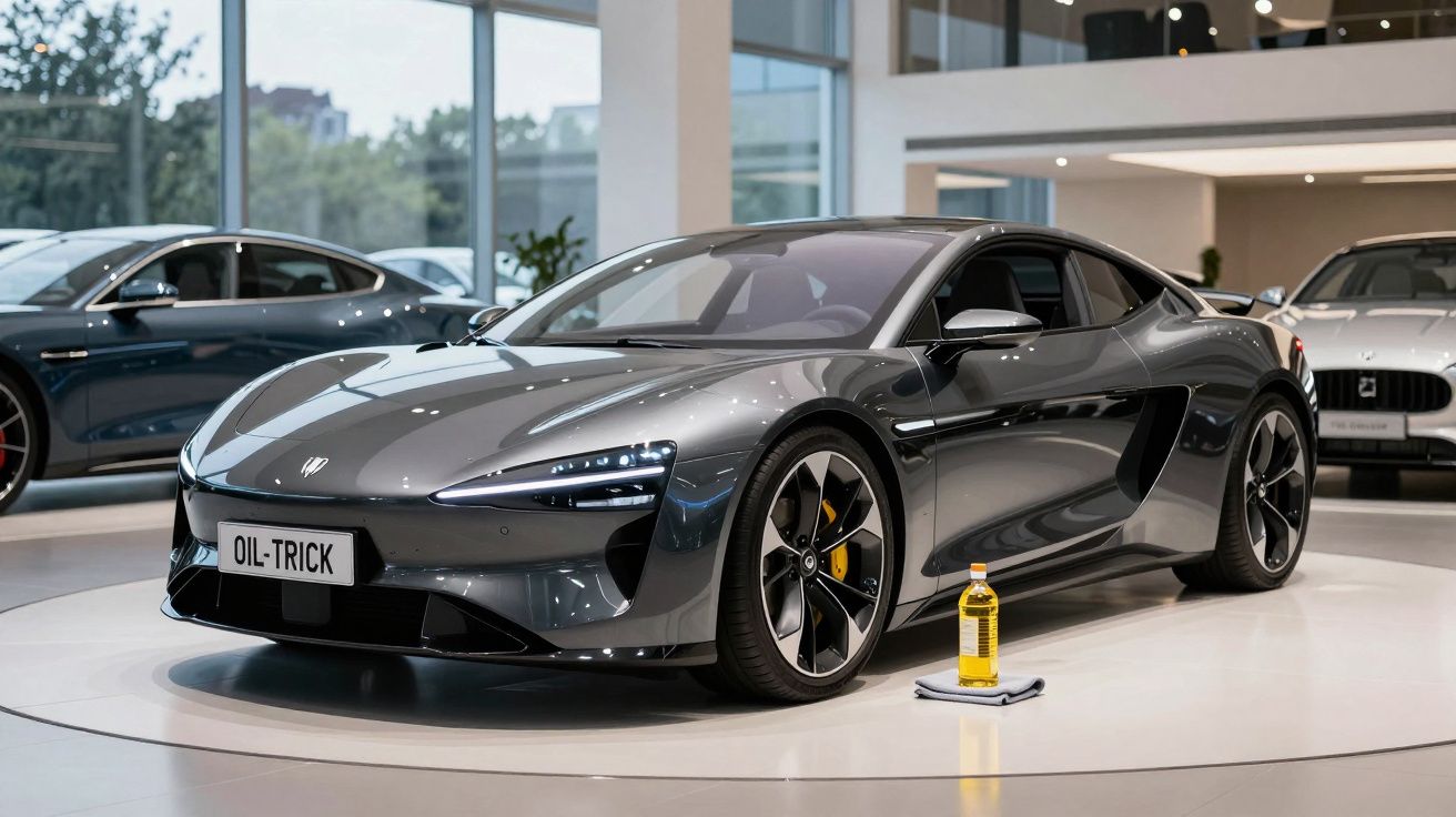 Carro desportivo cinzento num showroom com frasco de óleo e pano no chão à frente.