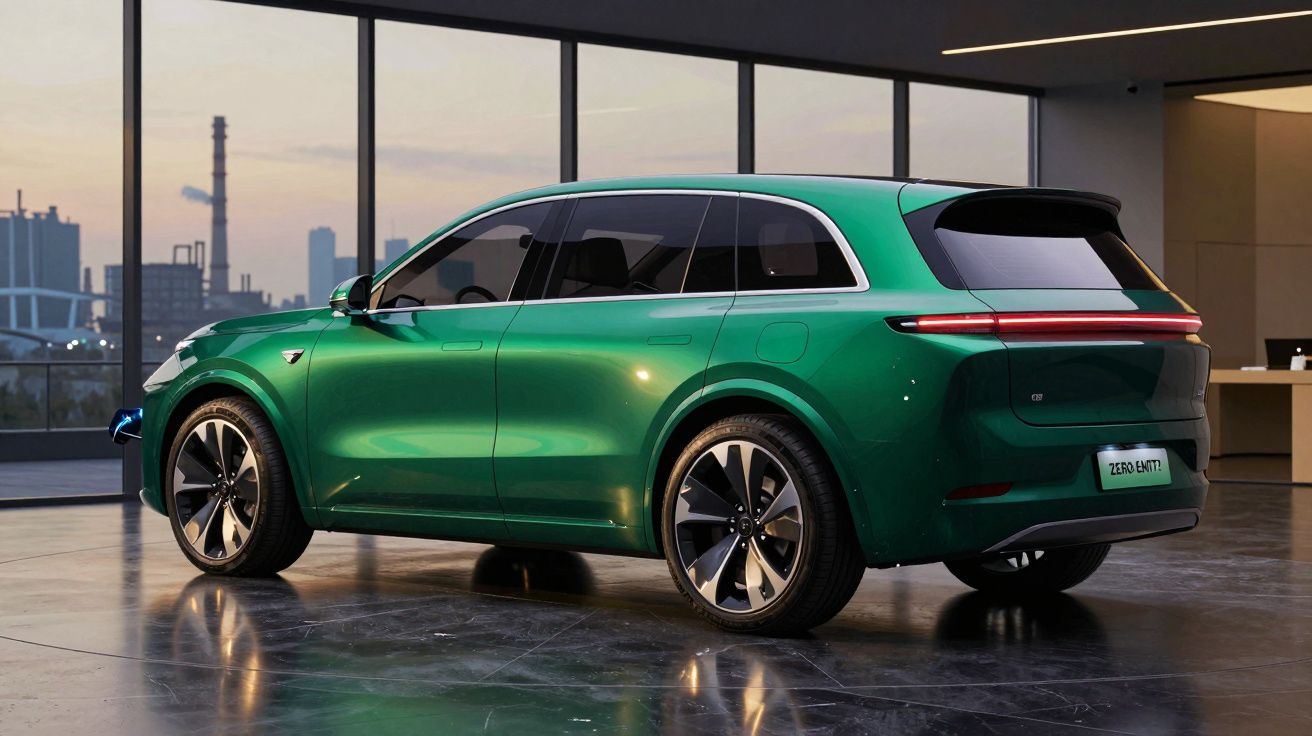 Carro elétrico SUV verde estacionado numa garagem moderna com janelas grandes ao pôr do sol.