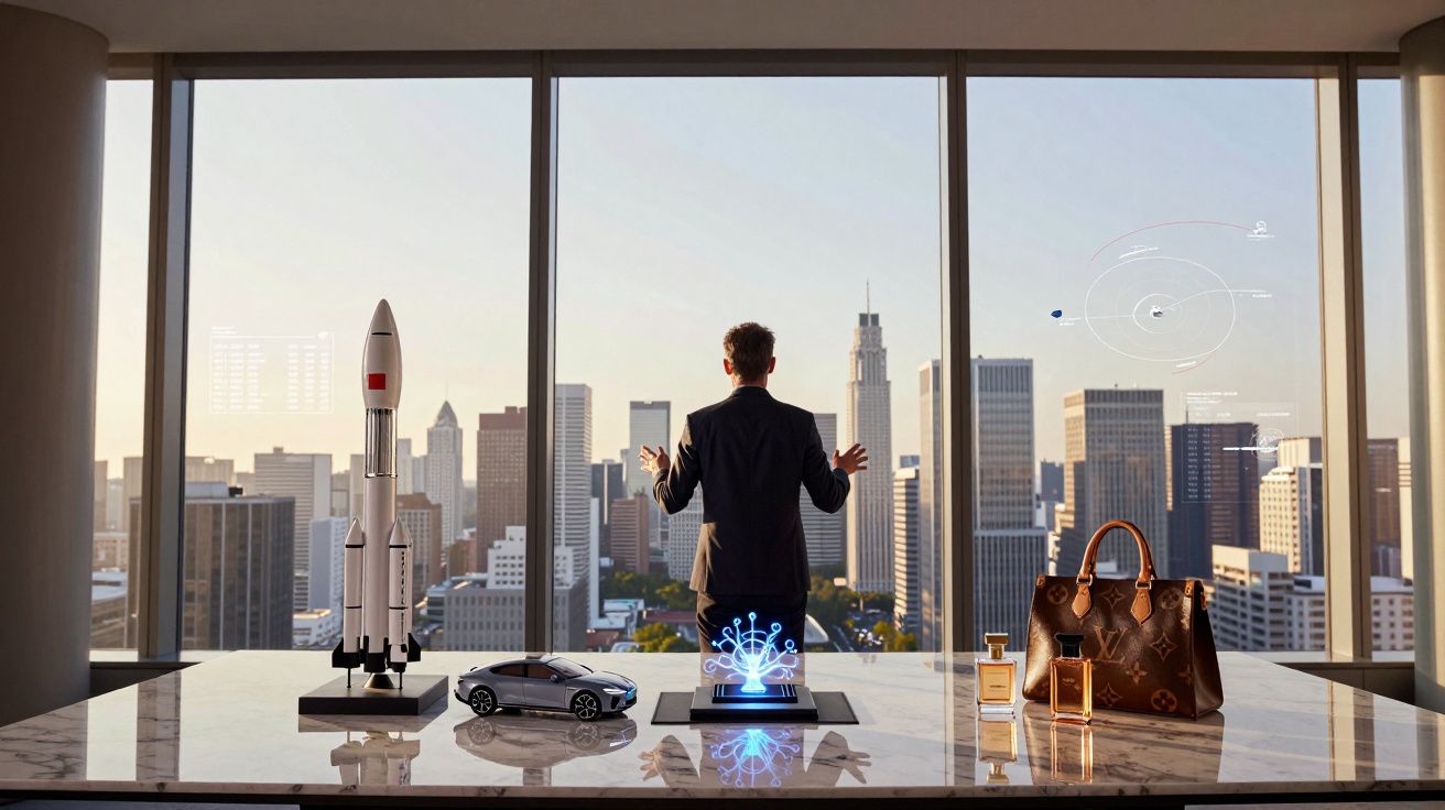 Homem de fato de costas diante de janelas grandes com vista para cidade, mesa com miniatura de foguetão, carro, holograma e m