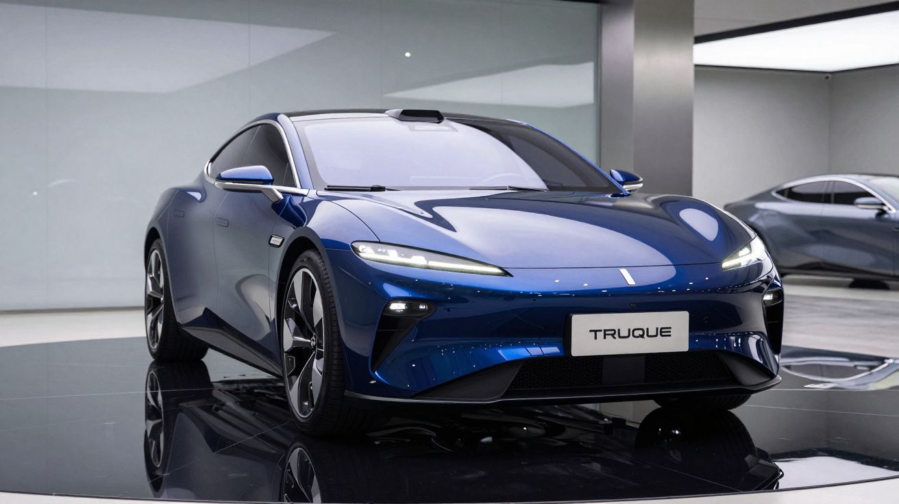 Carro desportivo elétrico azul Truque exposto numa sala moderna com chão espelhado.