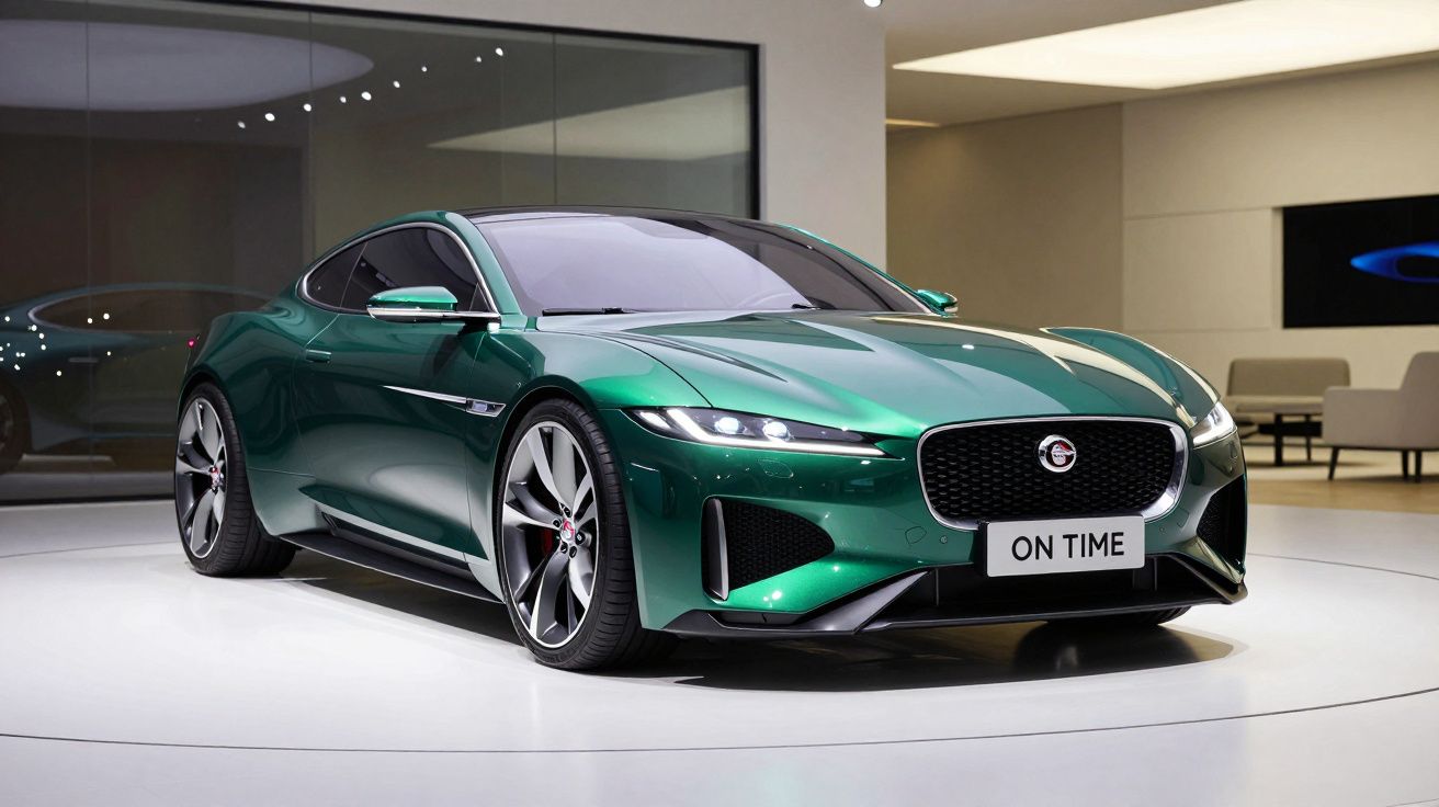 Carro desportivo eléctrico verde metálico Jaguar I-PACE em exposição numa sala moderna.