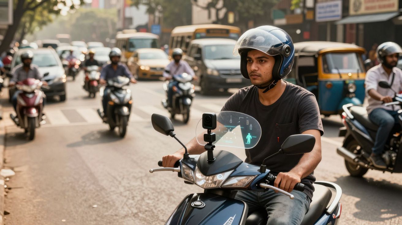 Homem de capacete azul numa mota com tecnologia de ecrã digital no trânsito urbano movimentado.