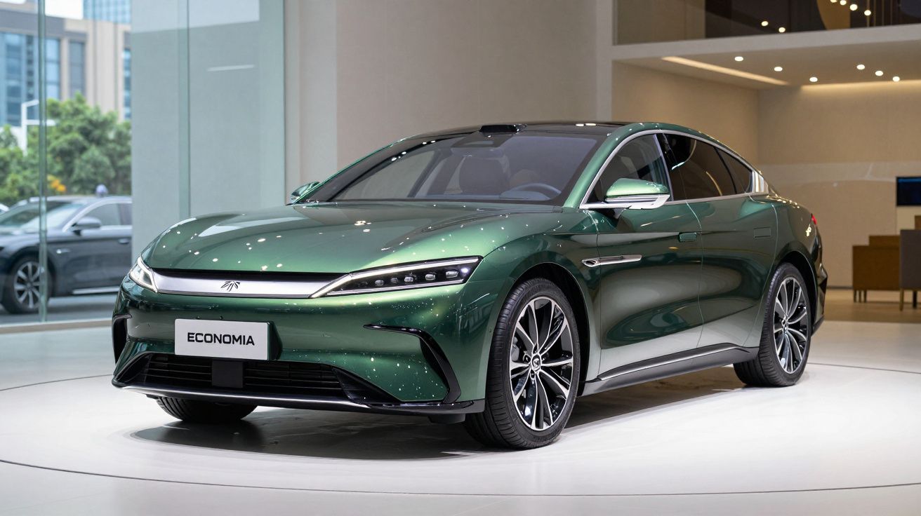 Carro elétrico verde metálico com linhas modernas exposto num salão de automóveis.