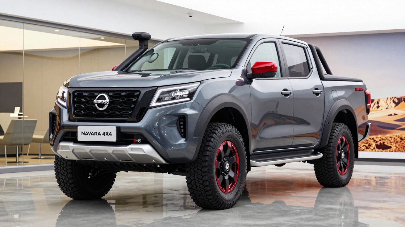 Pick-up Nissan Navara 4x4 cinzenta com detalhes vermelhos, em showroom moderno e chão refletor.