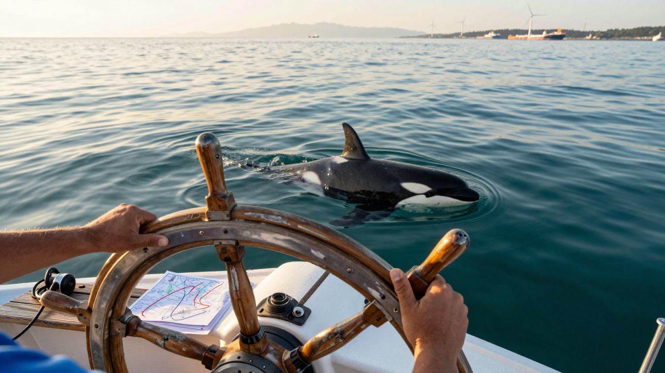 Pessoa a guiar um barco com uma orca a nadar perto da embarcação em mar calmo ao amanhecer.