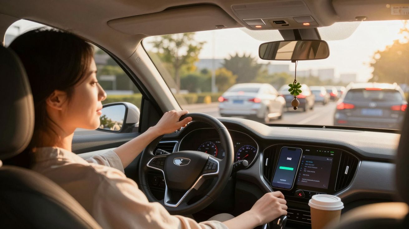 Mulher a conduzir carro numa estrada com trânsito, com smartphone montado no painel e chávena de café.