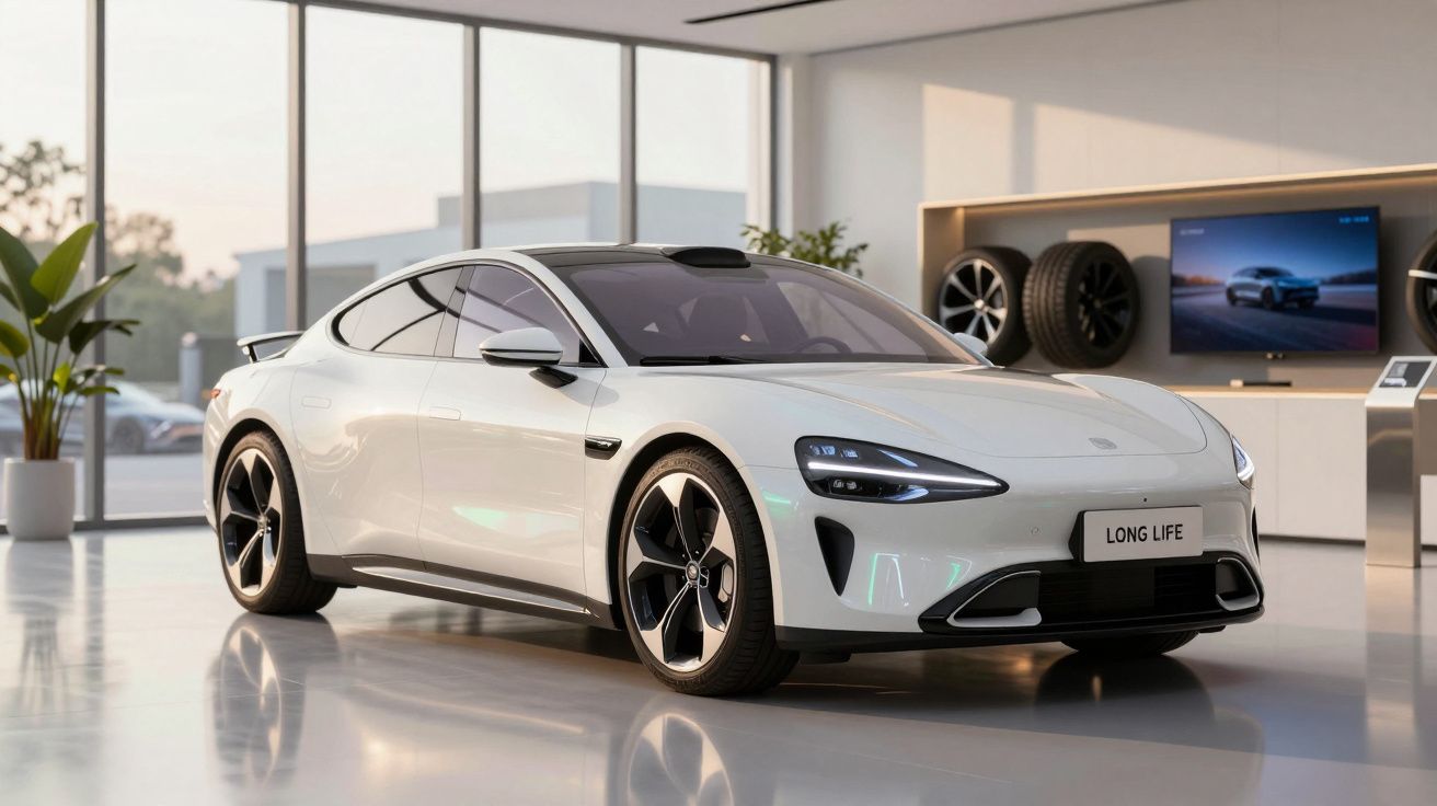 Carro elétrico branco moderno exposto numa sala de showroom com janelas amplas e pneus ao fundo.