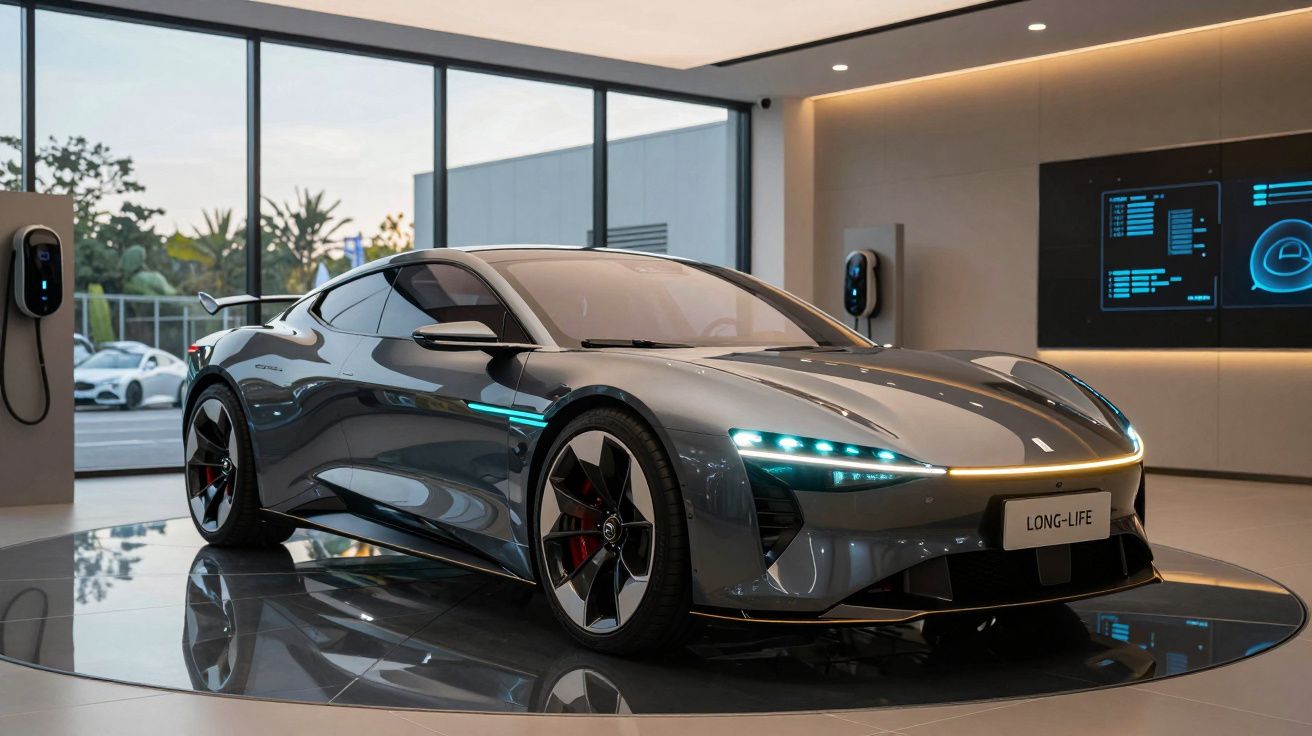 Carro desportivo elétrico cinzento num showroom moderno com painéis de carregamento nas paredes.