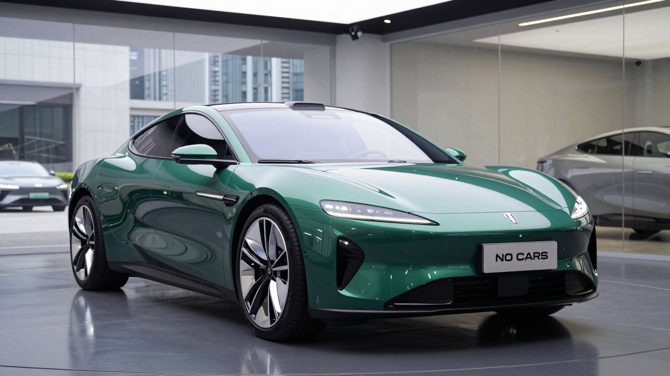 Carro desportivo elétrico verde exposto numa sala com paredes de vidro.