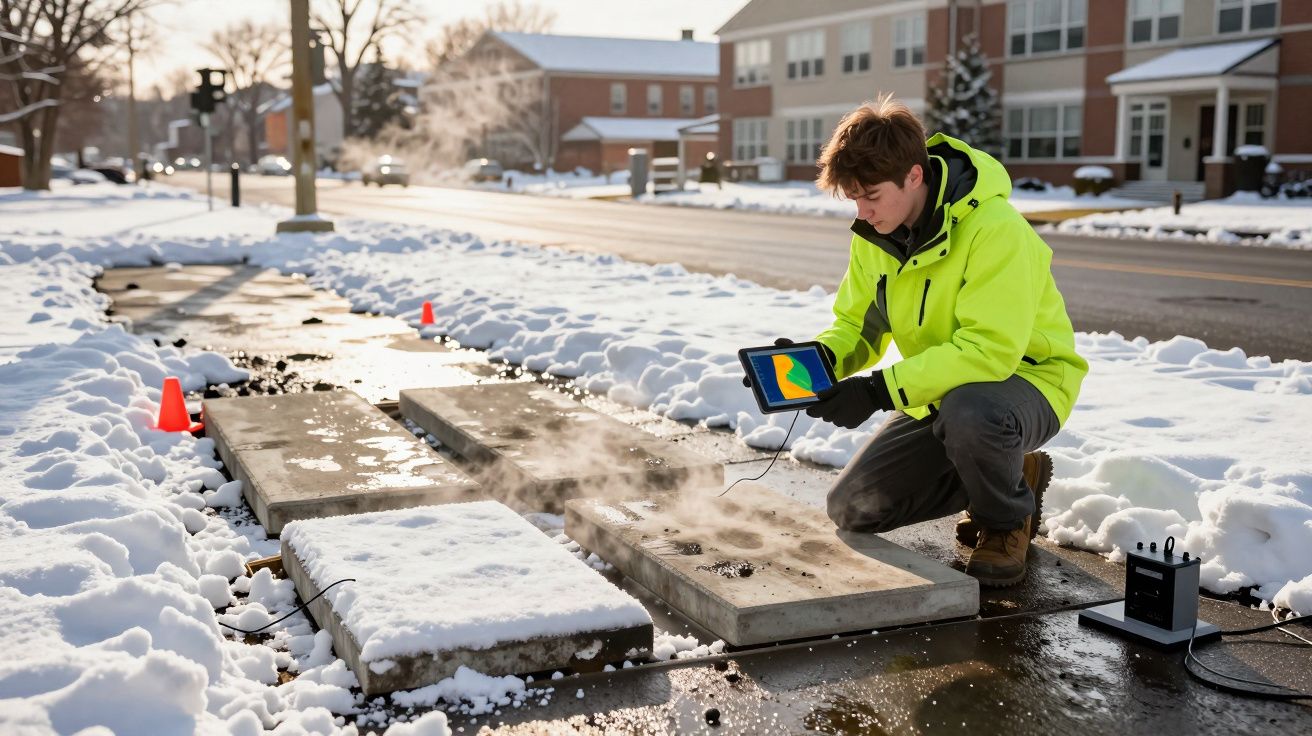 Homem com casaco amarelo analisa dados térmicos em placa de concreto coberta de neve numa rua da cidade.