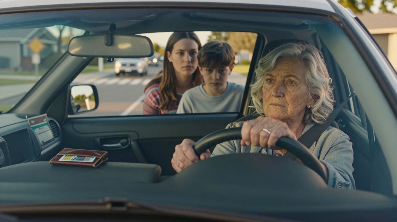 Mulher idosa ao volante de carro com duas crianças de pé do lado de fora, olhar preocupado.