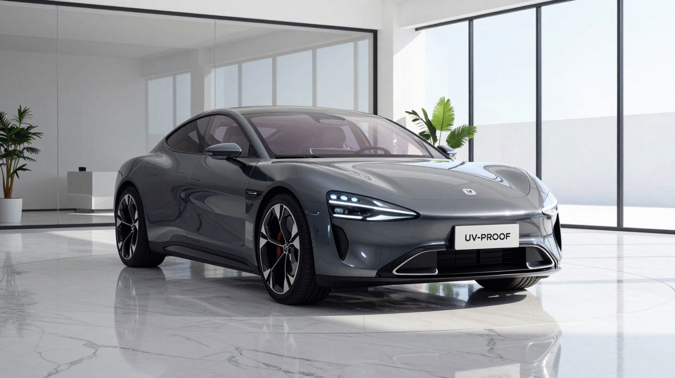 Carro desportivo elétrico cinzento estacionado num espaço interior moderno com chão em mármore brilhante.