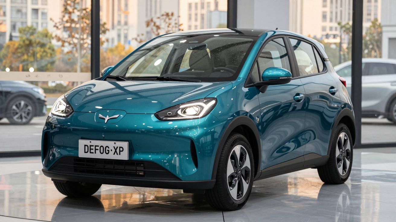 Carro elétrico compacto azul exposto numa sala de exposição moderna com janelas grandes.