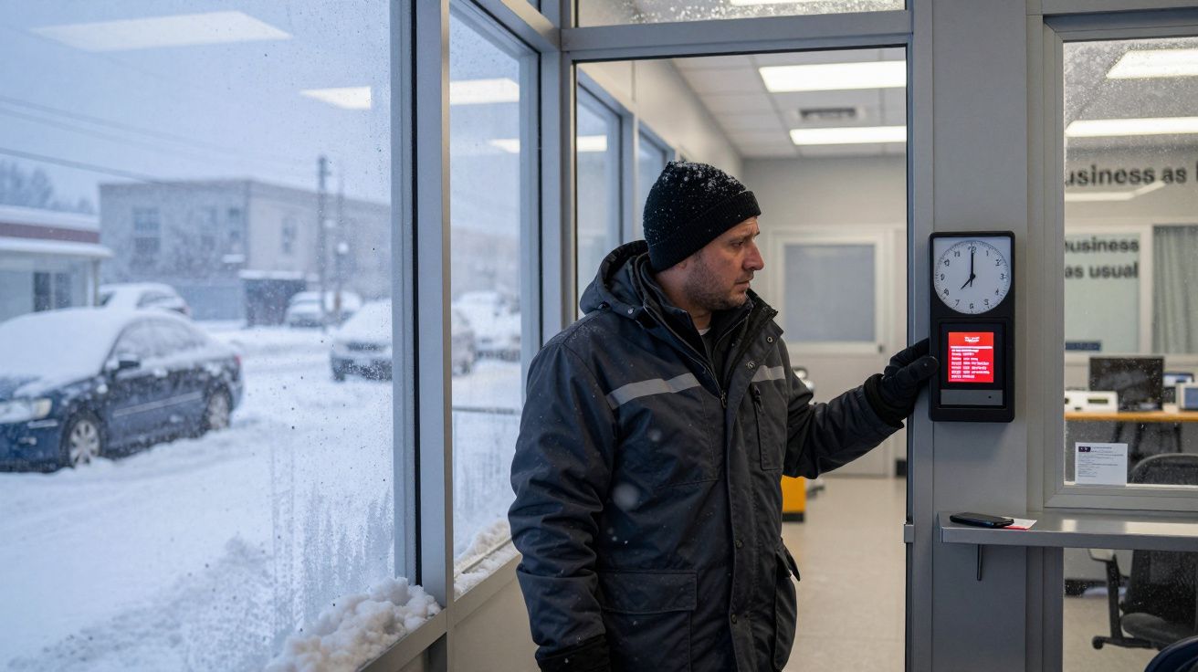 Homem com roupa de inverno ativa relógio de ponto na entrada de edifício durante nevasca.