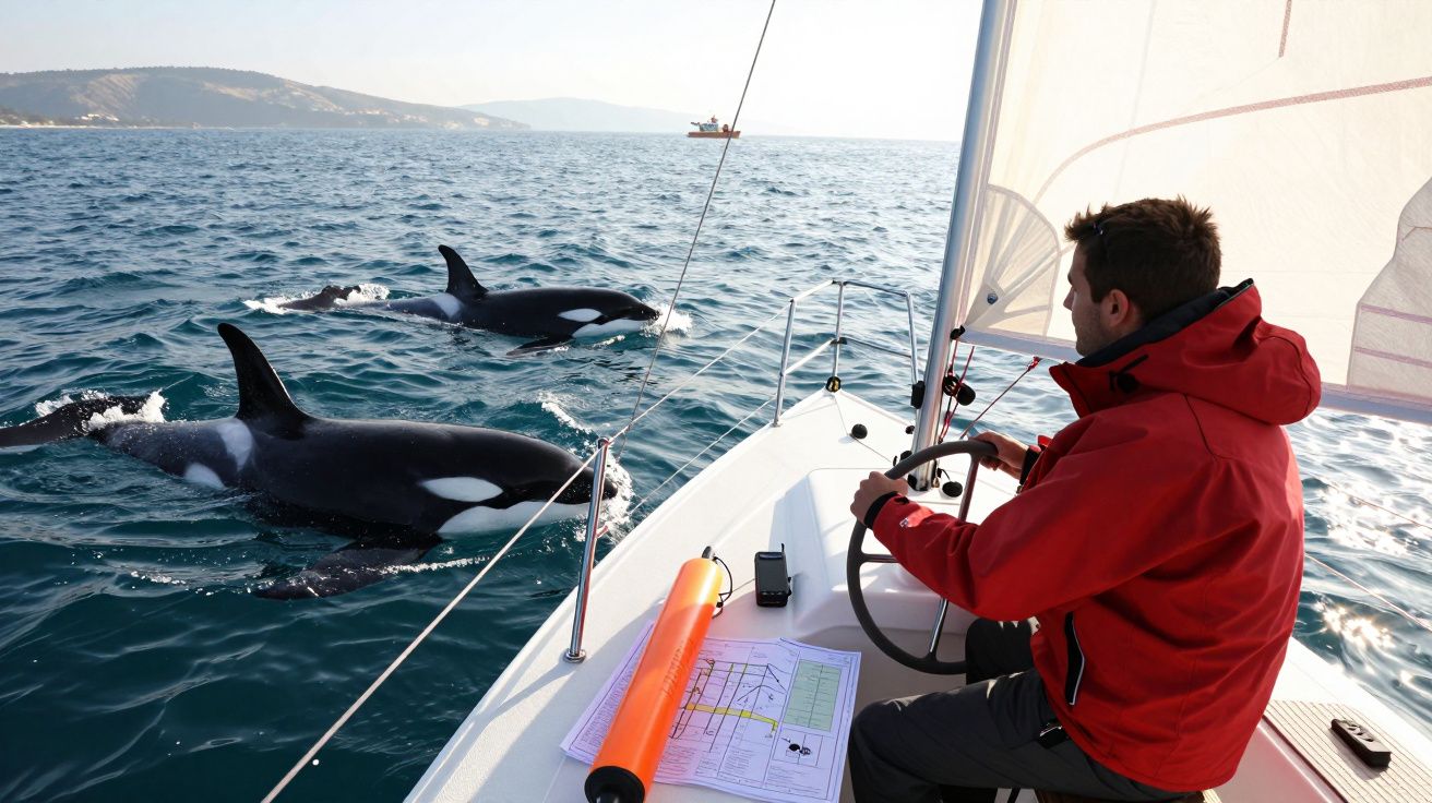 Homem de casaco vermelho a velejar enquanto três orcas nadam junto ao barco no mar calmo.