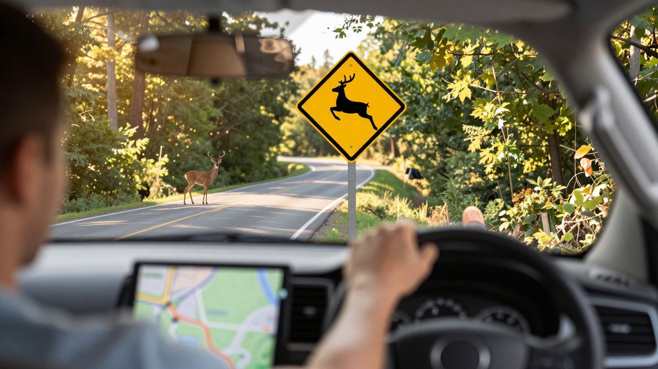 Condutor vê um veado e sinal de aviso de veados na estrada rodeada por árvores.