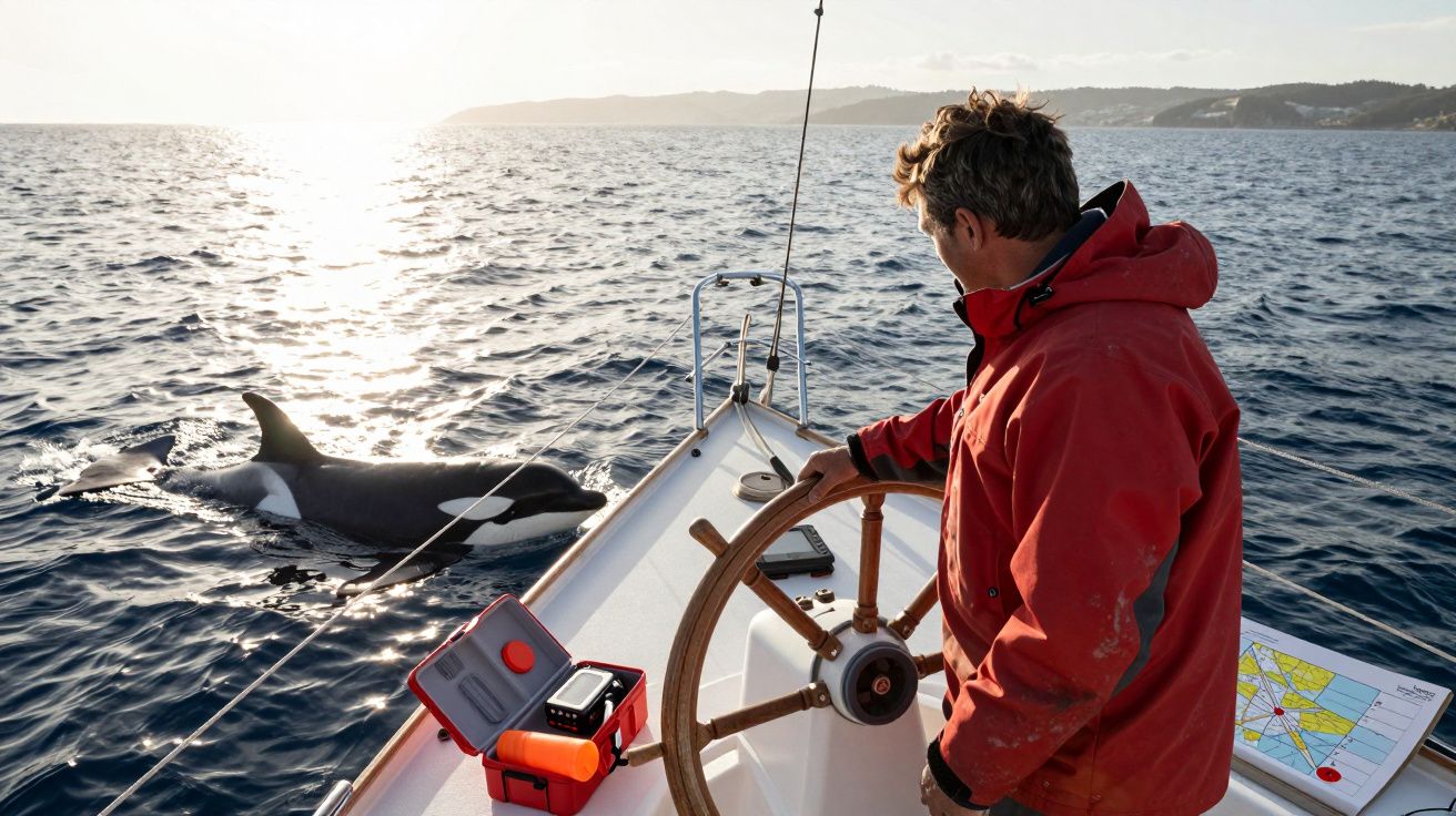 Homem com casaco vermelho a navegar num barco enquanto duas orcas nadam perto da embarcação.