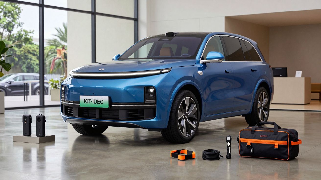 Carro elétrico azul estacionado numa sala moderna, acompanhado por acessórios tecnológicos no chão.