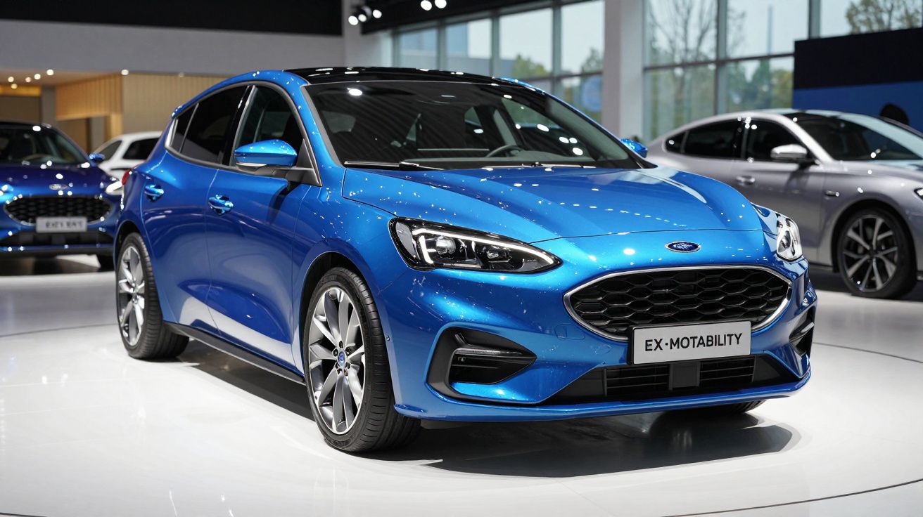Carro azul metálico em exposição, modelo hatchback moderno com faróis LED e jantes desportivas.