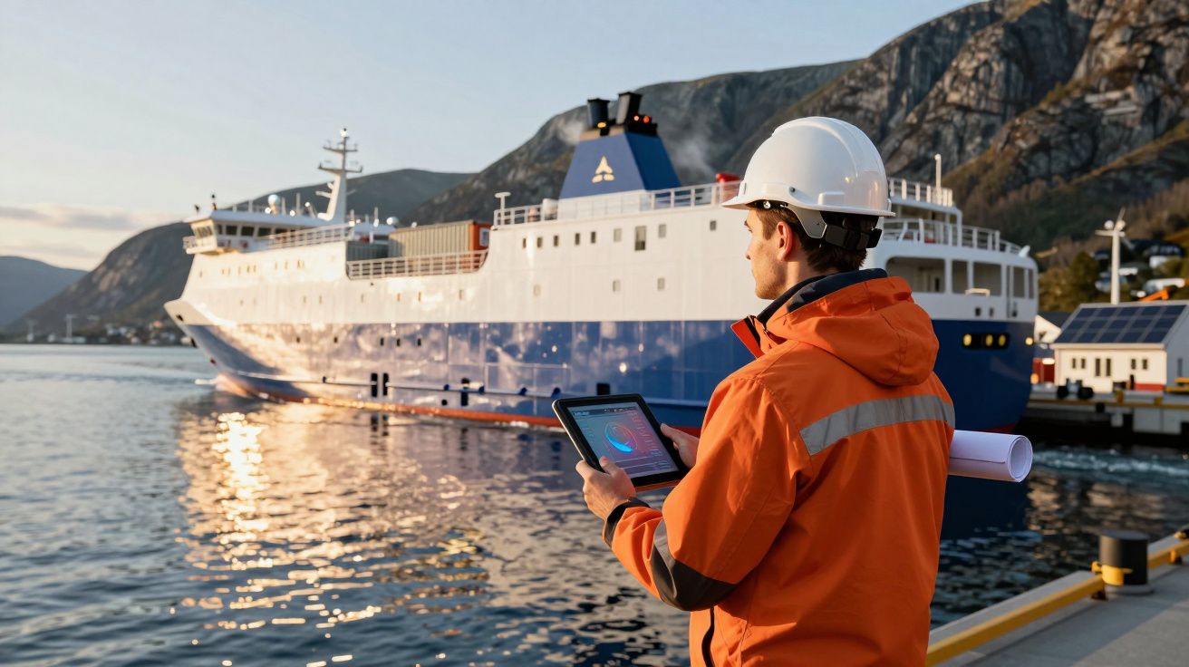 Homem de capacete e casaco laranja com tablet supervisa navio ancorado em porto junto a montanhas.