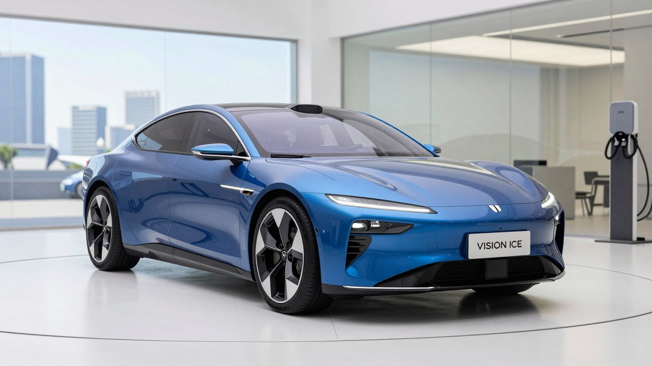 Carro elétrico desportivo azul estacionado em exposição moderna com parede de vidro e carregador elétrico.